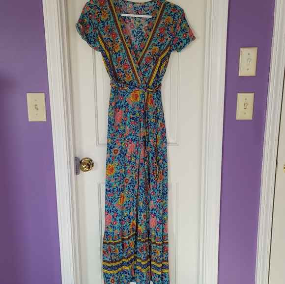 Boho faux wrap dress- floral blue- Small - Picture 2 of 8